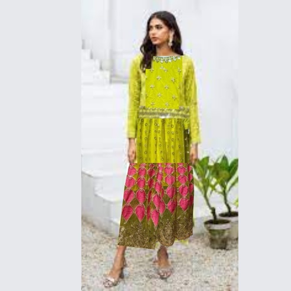 Lime Green And Fuchsia Pearl Embroidered Lawn Dress With Matching Cape - Picture 1 of 16